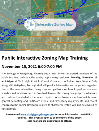 Interactive Zoning Map Public Training Session will be held Monday, November 15 at 6:00 PM in Council Chambers.  
